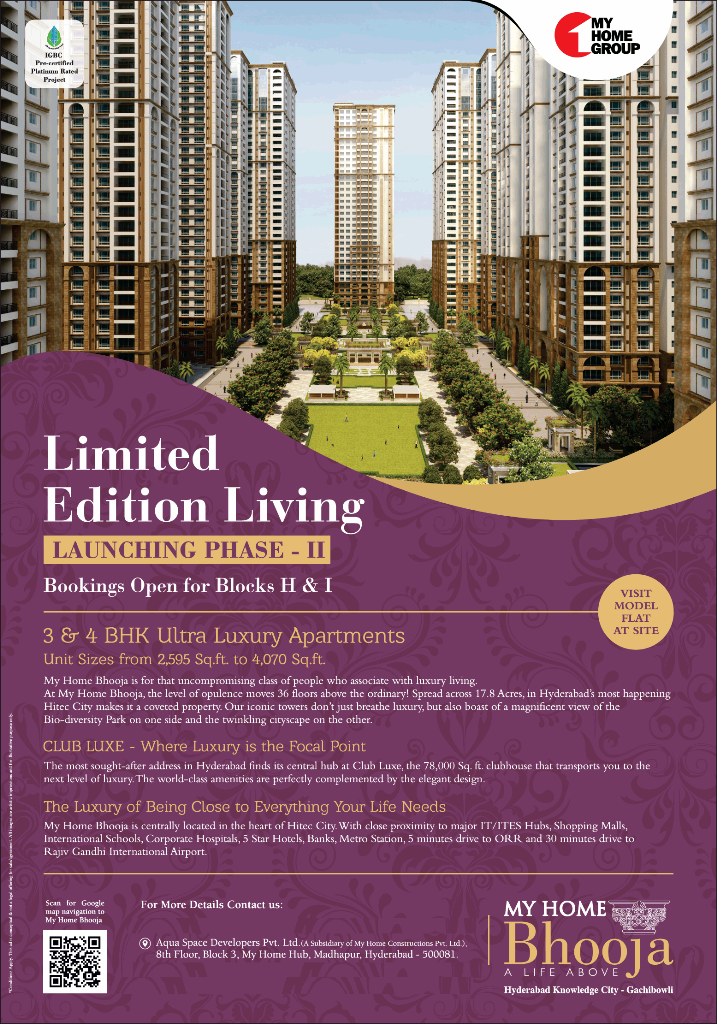 Launching Phase 2  bookings open for blocks H and I at My Home Bhooja, Hyderabad